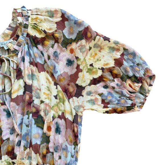 Rails Fiorella Floral Tie Neck Dress Size L Plissé Midi Short Sleeve Lined - Picture 11 of 12